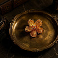 Vintage-Inspired gold alloy floral brooch with zircon accents on vintage-style tray