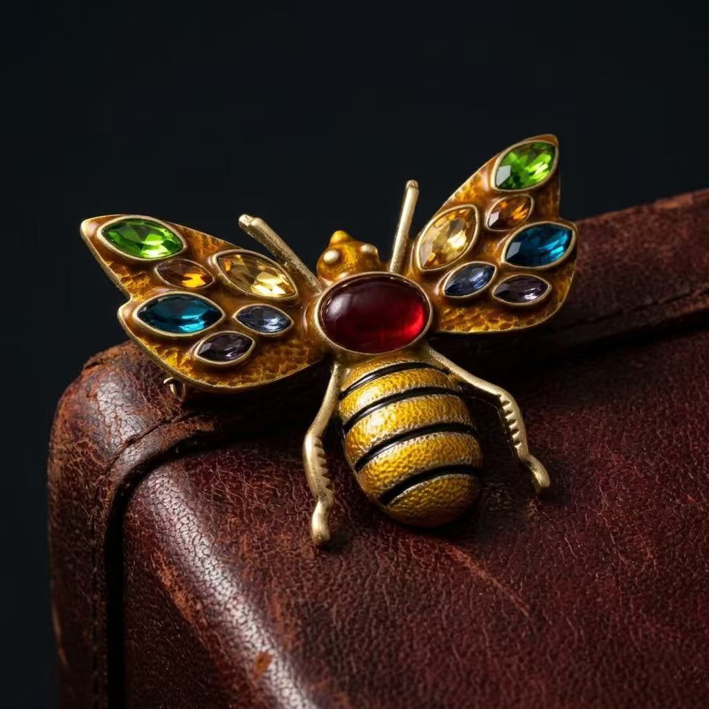 Vintage-Inspired gold copper alloy honeybee brooch with multicolor synthetic gemstones on dark leather