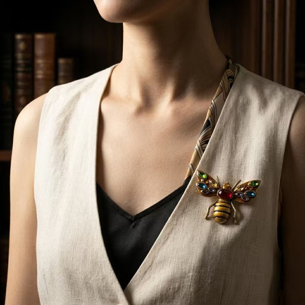 Vintage-Inspired gold copper alloy honeybee brooch with synthetic gemstones styled on linen vest