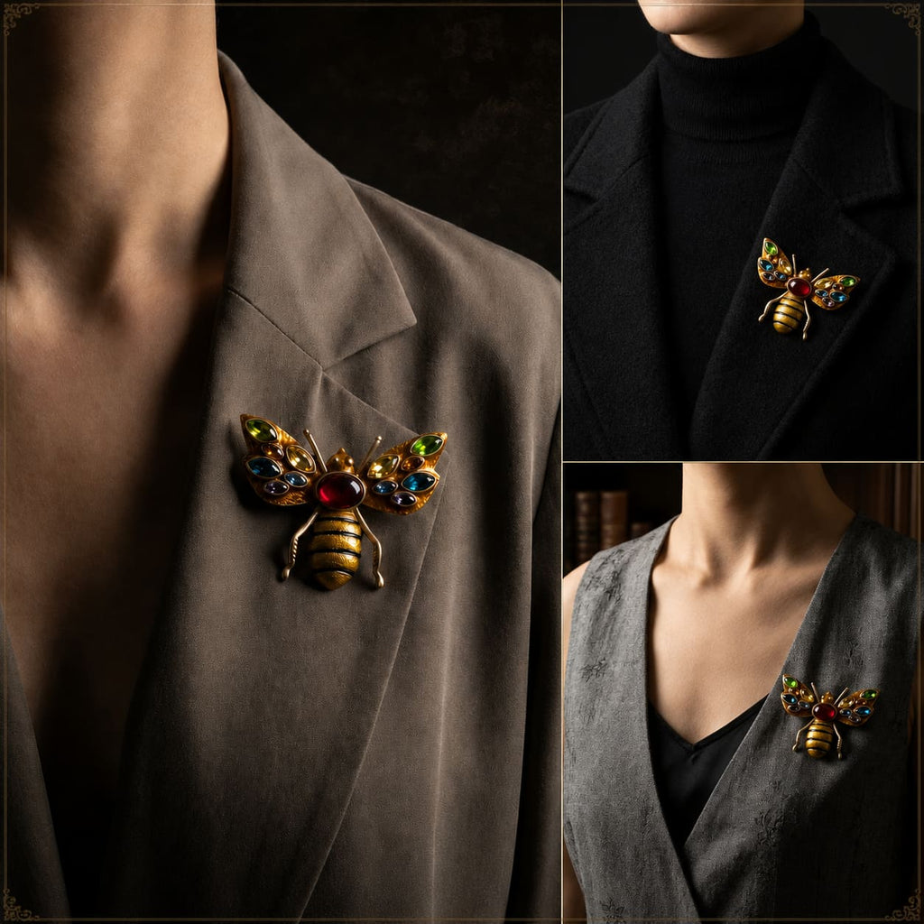 Vintage-Inspired gold copper alloy honeybee brooch with multicolor synthetic gemstones styled on blazer and vest