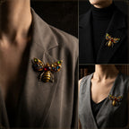 Vintage-Inspired gold copper alloy honeybee brooch with multicolor synthetic gemstones styled on blazer and vest
