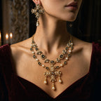 Woman wearing a vintage-inspired heavy pearl and dark stone cross jewelry set in a romantic candlelit setting, Old Money aesthetic.