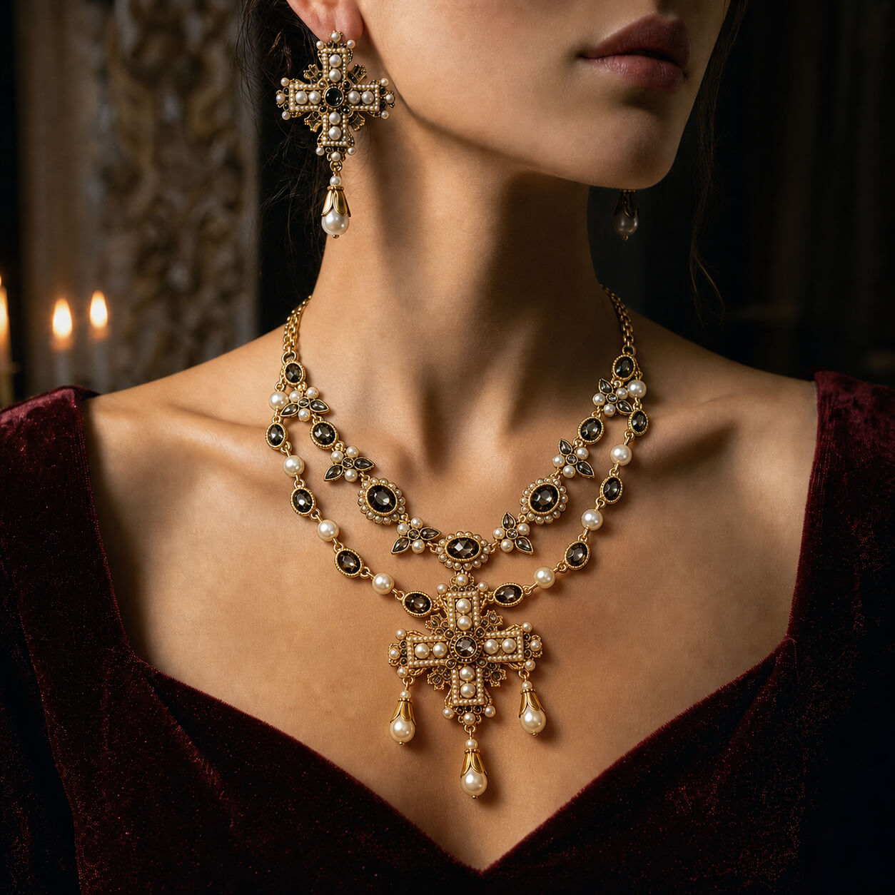 Woman wearing a vintage-inspired heavy pearl and dark stone cross jewelry set in a romantic candlelit setting, Old Money aesthetic.