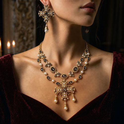 Woman wearing a vintage-inspired heavy pearl and dark stone cross jewelry set in a romantic candlelit setting, Old Money aesthetic.
